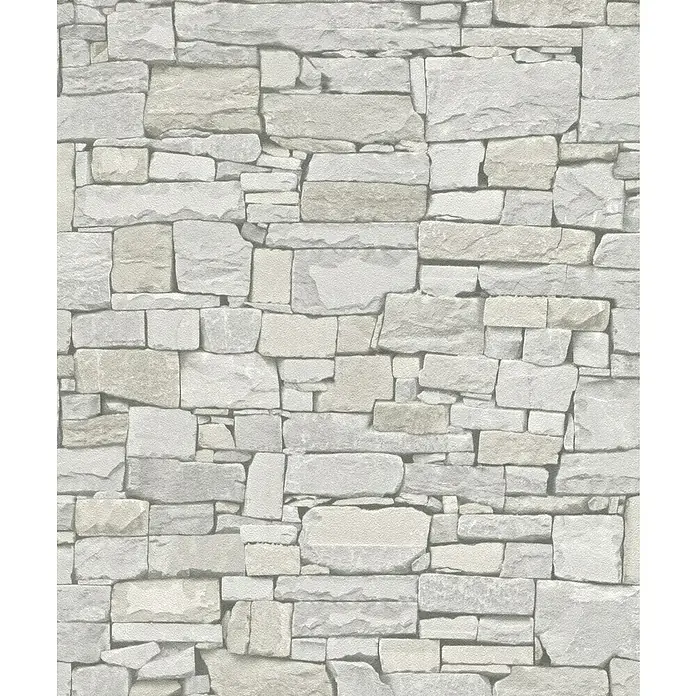 Rasch Vliestapete - Graubeige, Steinoptik, 10,05 x 0,53 m - Dieses Bild zeigt eine graue Steinwand mit verschiedenen Steingrößen und -formen, die eine robuste und natürliche Textur erzeugt.
