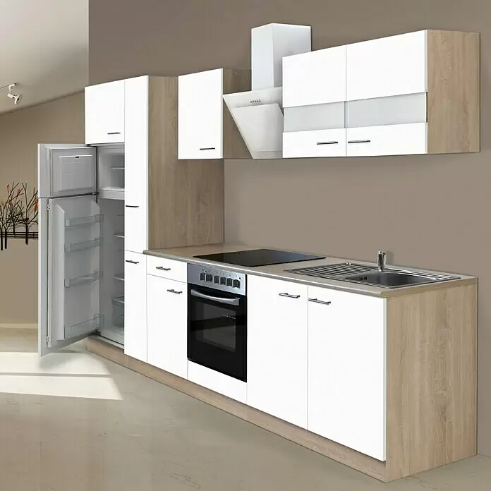 Respekta Composición de cocina Merle - Ancho: 300 cm, Blanco, Con electrodomésticos, Volumen horno: 72 l - Cocina modular moderna con armarios blancos y detalles de madera clara, con nevera abierta, horno, placa y fregadero.