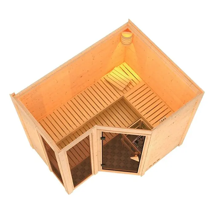 Karibu Massivholzsauna Amara - Mit 9 kW Bio-Ofen mit externer Steuerung, Ohne Dachkranz, L x B x H: 236 x 184 x 200 cm - Innenansicht einer Ecksauna mit Holzsitzen und Glastür, die ein entspannendes Wellness-Erlebnis verspricht.