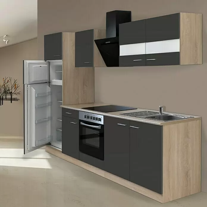 Respekta Cocina compacta Merle - Ancho: 270 cm, Gris, Con electrodomésticos - Mueble de cocina moderno con frentes gris oscuro brillante y elementos de madera clara, incluyendo frigorífico, horno, placa, fregadero y campana extractora integrados.