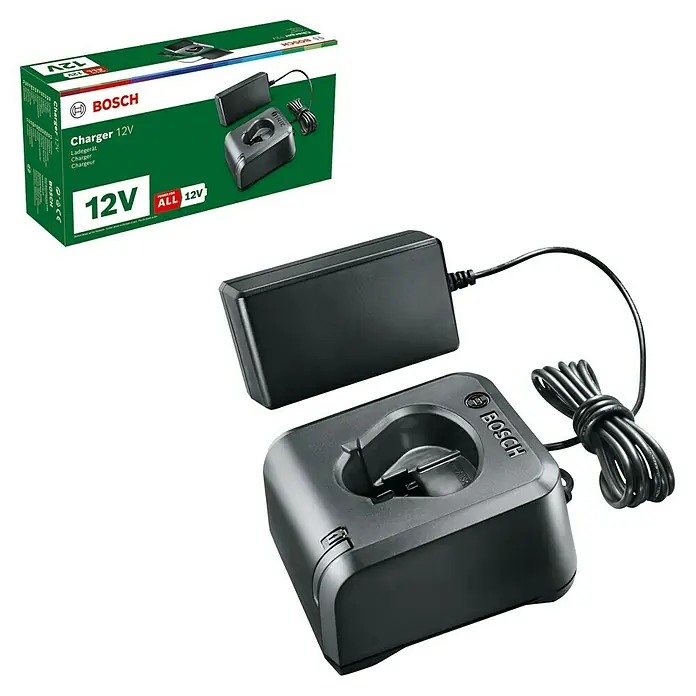 Bosch Power for All 12V Akku-Ladegerät GAL 12V-20 - Passend für: Bosch Home&Garden Akkus - Abbildung eines Bosch 12V-Akkuladegeräts mit Ladestation und Netzteil, ideal zum Aufladen von Bosch 12V-Akkus.