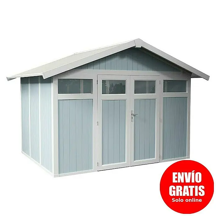 Grosfillex Caseta para jardín Utility - Medidas ext. (An x Pr): 370 x 298 cm, Plástico, Gris azulado - Caseta de jardín azul claro y blanco con puerta doble y ventanas, ideal para herramientas y muebles.