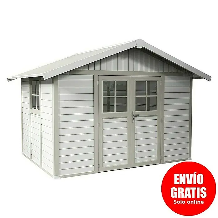 Grosfillex Caseta para jardín Deco - Medidas ext. (An x Pr): 370 x 298 cm, Plástico, Blanco/Gris verdoso, 7,5 m² - Imagen de una caseta de jardín de madera gris claro con puerta doble y una pequeña ventana.