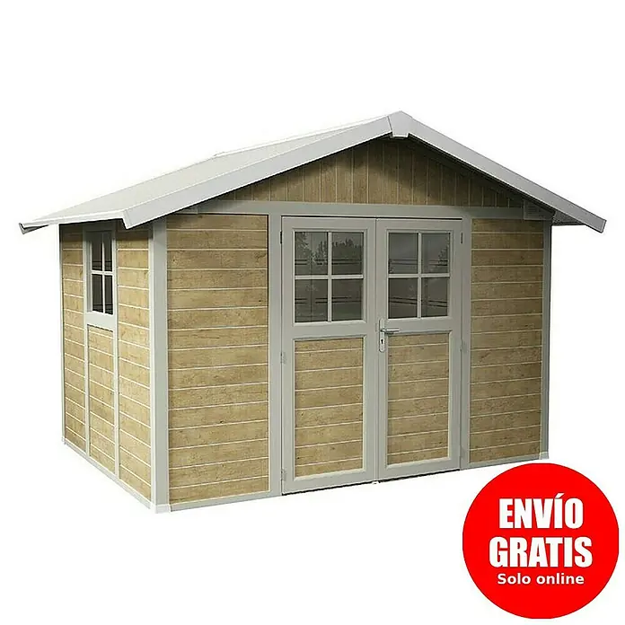 Grosfillex Caseta para jardín Deco - Medidas ext. (An x Pr): 370 x 298 cm, Plástico, Beige/Blanco, 7,5 m² - Imagen de una caseta de madera con puertas dobles y una ventana pequeña, ideal para el almacenamiento en el jardín. Construcción sólida.