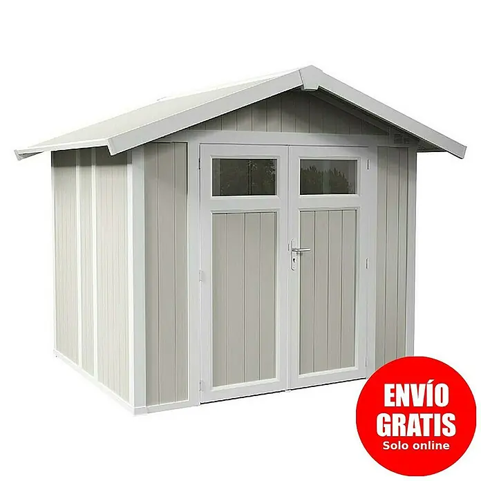 Grosfillex Caseta para jardín Utility - Medidas ext. (An x Pr): 295 x 261 cm, Plástico, Verde grisáceo - Imagen de una caseta de jardín gris con puertas dobles y ventanas, ideal para guardar herramientas y equipos de jardín.