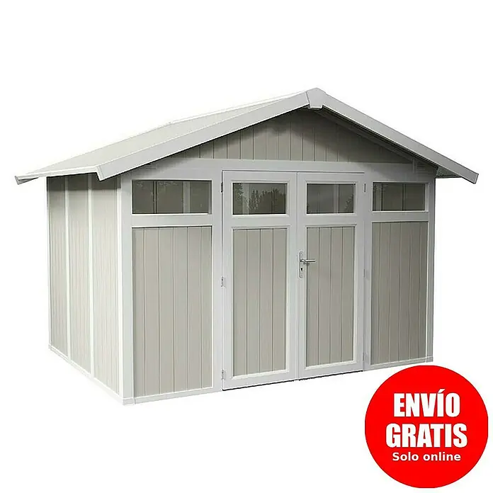 Grosfillex Caseta para jardín Utility - Medidas ext. (An x Pr): 370 x 298 cm, Plástico, Verde grisáceo - Imagen de una caseta de jardín de color gris claro con puertas dobles y ventanas, ideal para guardar herramientas y muebles.