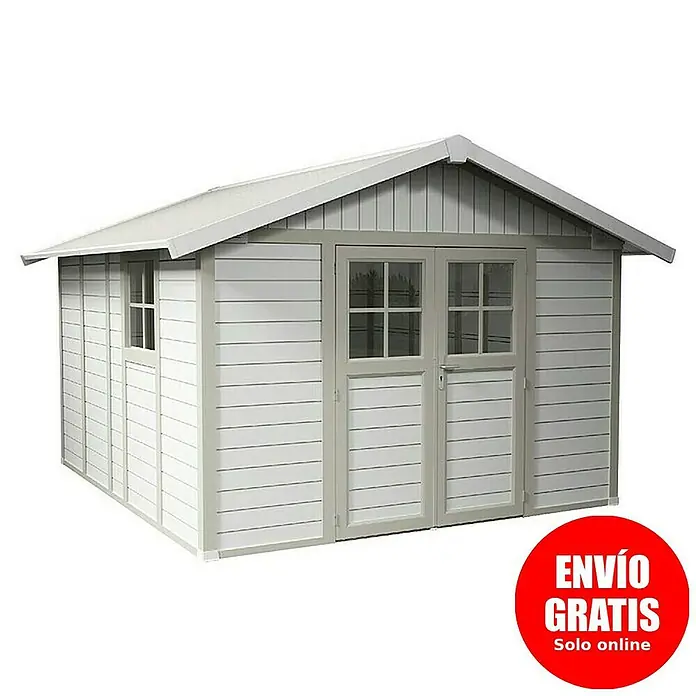 Grosfillex Caseta para jardín Deco - Medidas ext. (An x Pr): 315 x 357 cm, Plástico, Blanco/Gris verdoso, 11 m² - Caseta de jardín luminosa con puertas dobles y ventana, ideal para guardar herramientas y muebles de jardín. Robusta y resistente.