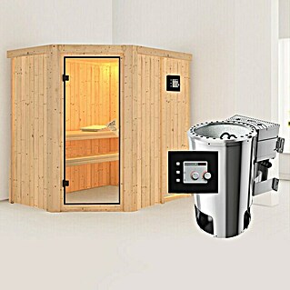 Karibu Massivholzsauna Saja (Mit 3,6 kW Bio-Ofen mit externer Steuerung, Ohne Dachkranz, L x B x H: 151 x 196 x 192 cm)