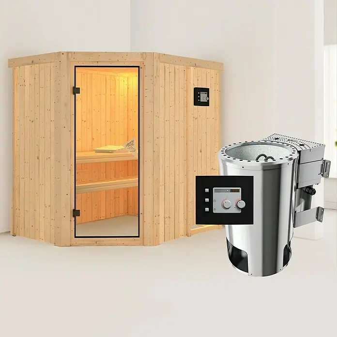 Karibu Massivholzsauna Saja - Mit 3,6 kW Bio-Ofen mit externer Steuerung, Ohne Dachkranz, L x B x H: 151 x 196 x 192 cm - Sauna mit Holzwänden, Glastür und einem Ofen mit Steinen, der für die Wärme sorgt.