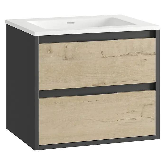 Mueble bajo de lavabo Arlet - L x An x Al: 45 x 60 x 50 cm, Negro/Nogal - Mueble de baño moderno con dos cajones y encimera de lavabo blanca. El mueble es elegante y funcional.