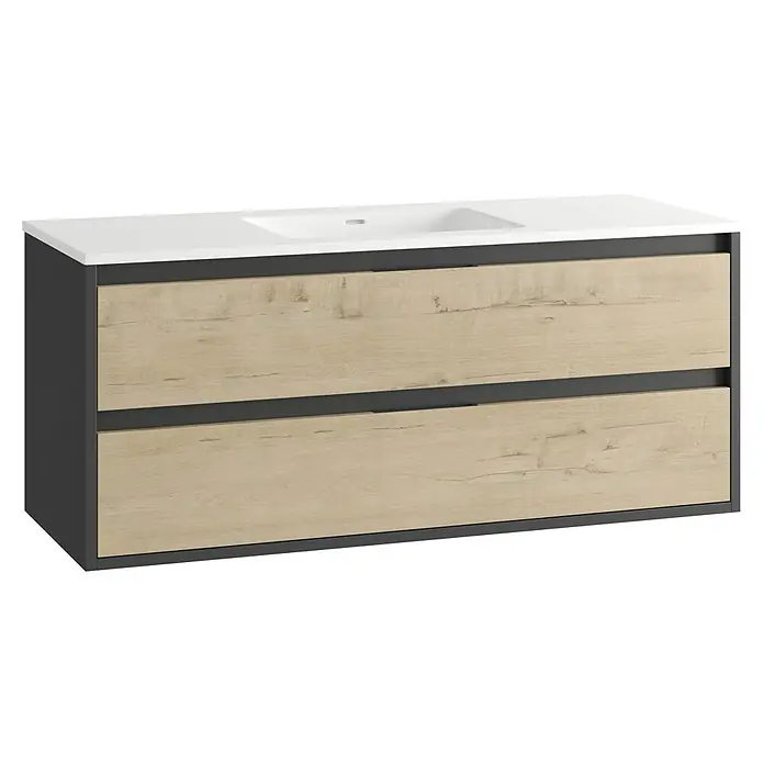 Mueble bajo de lavabo Arlet - L x An x Al: 45 x 120 x 50 cm, Negro/Nogal - Mueble de lavabo suspendido con dos cajones y encimera de lavabo blanca para el baño.