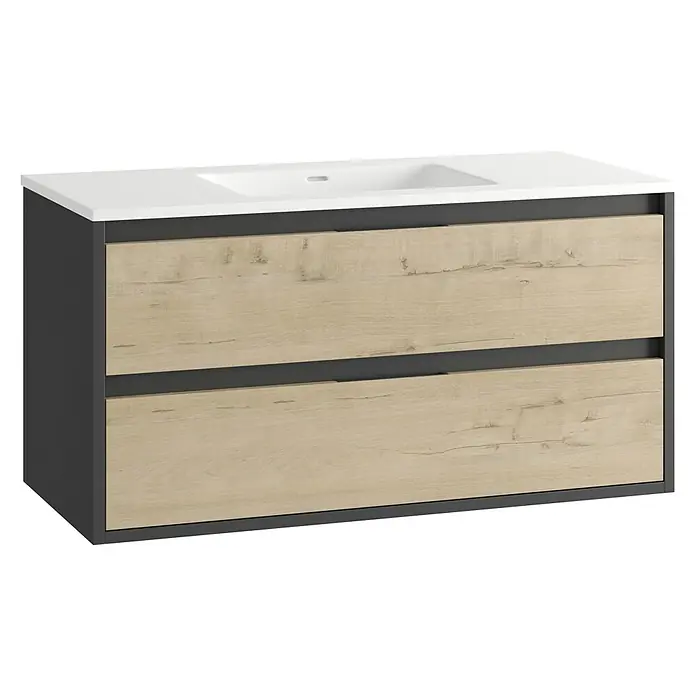 Mueble bajo de lavabo Arlet - L x An x Al: 45 x 100 x 50 cm, Negro/Nogal - Mueble de baño con dos cajones con aspecto de madera y un lavabo blanco. Práctico y elegante para cualquier baño.
