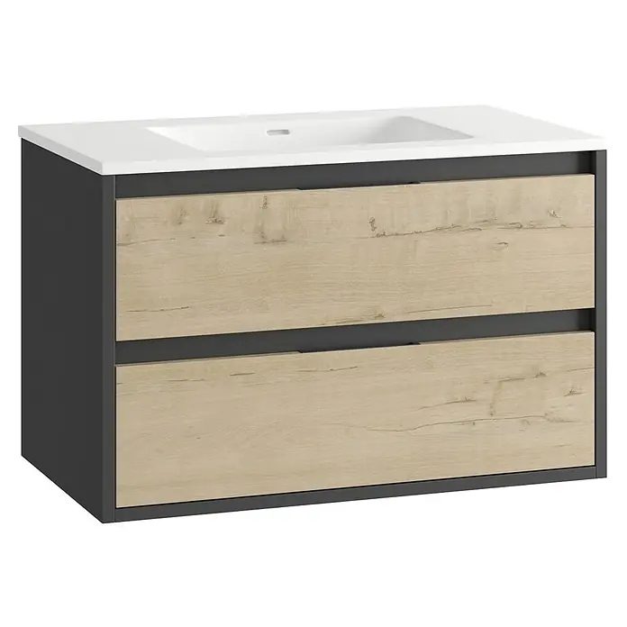 Mueble bajo de lavabo Arlet - L x An x Al: 45 x 80 x 50 cm, Negro/Nogal - Un moderno mueble de baño con dos cajones de aspecto madera y un elegante lavabo blanco.