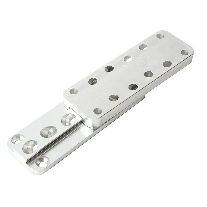 Sherpa Steckverbinder XS 15 - 90 x 30 x 12 mm, Belastbarkeit: 600 kg, Geeignet für: Holzwerkstoffe - Silberne Aluminium-Klappscharnierplatte mit präzisen Bohrungen für vielseitige Anwendungen und stabile Verbindungen.