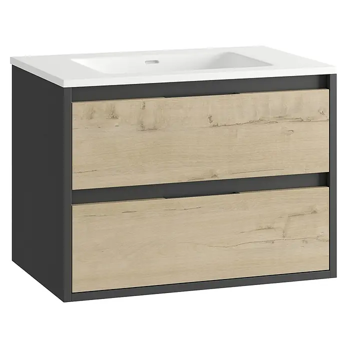 Mueble bajo de lavabo Arlet - L x An x Al: 45 x 70 x 50 cm, Negro/Nogal - Mueble de baño con dos cajones y lavabo blanco. Ideal para un baño moderno con gran capacidad de almacenamiento.