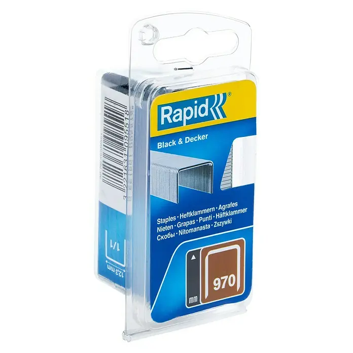 Rapid Flachdrahtklammern Typ 970 - Länge: 6 mm, 1.340 Stk. - Rapid Black & Decker Heftklammern 970, verpackt in einer transparenten Kunststoffverpackung mit gelb-blauem Design.
