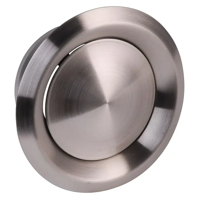 Air-Circle Tellerventil - Durchmesser Anschlussstutzen: 125 mm, Mit Stutzen, Edelstahl - Nahaufnahme eines runden, silberfarbenen Waschbeckenablaufs mit einem glänzenden, gebürsteten Finish.
