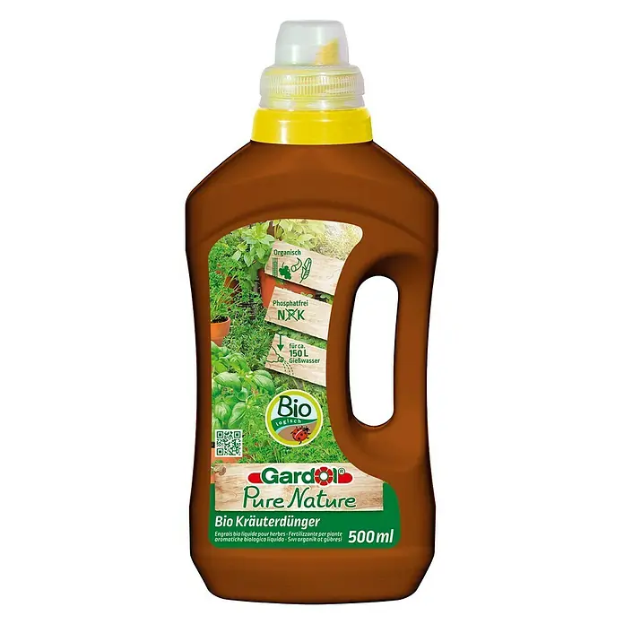 Gardol Pure Nature Bio-Kräuterdünger - 500 ml, Max. ausreichend für Flüssigkeitsmenge: 50 l - Ein braune Flasche Gardol Pure Nature Bio Kräuterdünger, ein biologischer Flüssigdünger für Kräuter mit gelbem Verschluss und 500 ml Inhalt.