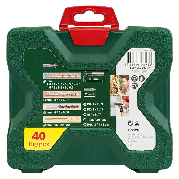 Bosch Bohrer- & Bit-Set X - Line - 40 -tlg. - Bosch 40-teiliges Bohrerset in grüner Box mit rotem Griff, ideal für vielfältige Bohranwendungen im Heimwerkerbereich.