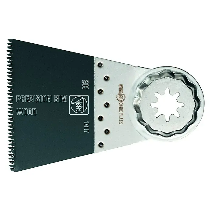 Fein Starlock Plus Bi-Metall-Sägeblatt E-Cut Precision - L x B: 50 x 65 mm, 3 Stk. - Das Bild zeigt ein Fein E-Cut Precision BIM Holzsägeblatt, ein hochwertiges Werkzeug zum präzisen Sägen von Holz mit StarLock Plus Aufnahme.