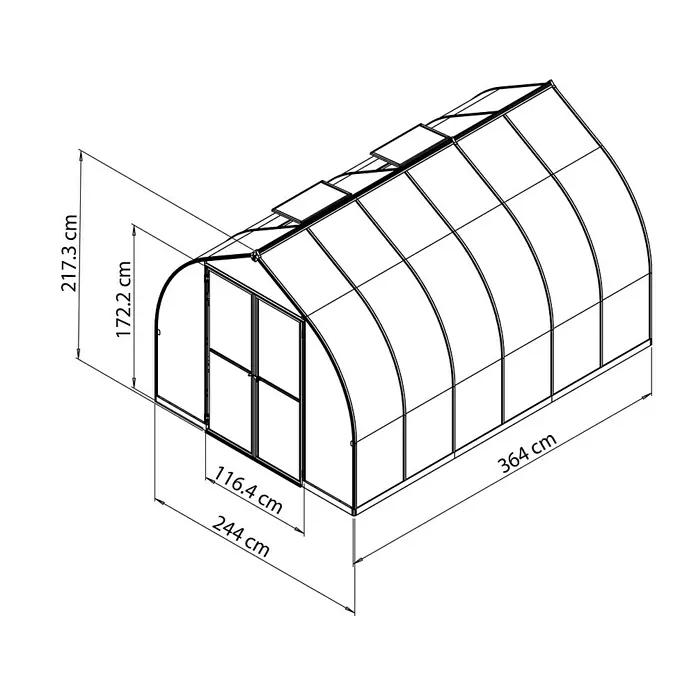 Palram – Canopia Gewächshaus Bella - Außenmaß inkl. Dachüberstand (B x T): 244 x 367 cm, 6 mm, Silber - Abbildung eines Gewächshauses mit Maßangaben zu Höhe, Breite und Länge für einen detaillierten Überblick über die Dimensionen.