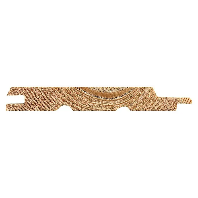 BAUHAUS Friso machihembrado - 3.000 x 96 x 12,5 mm - Corte de madera perfilada para revestimiento de pared. Vista detallada de una junta machihembrada para paneles de madera rústica con una veta marcada.