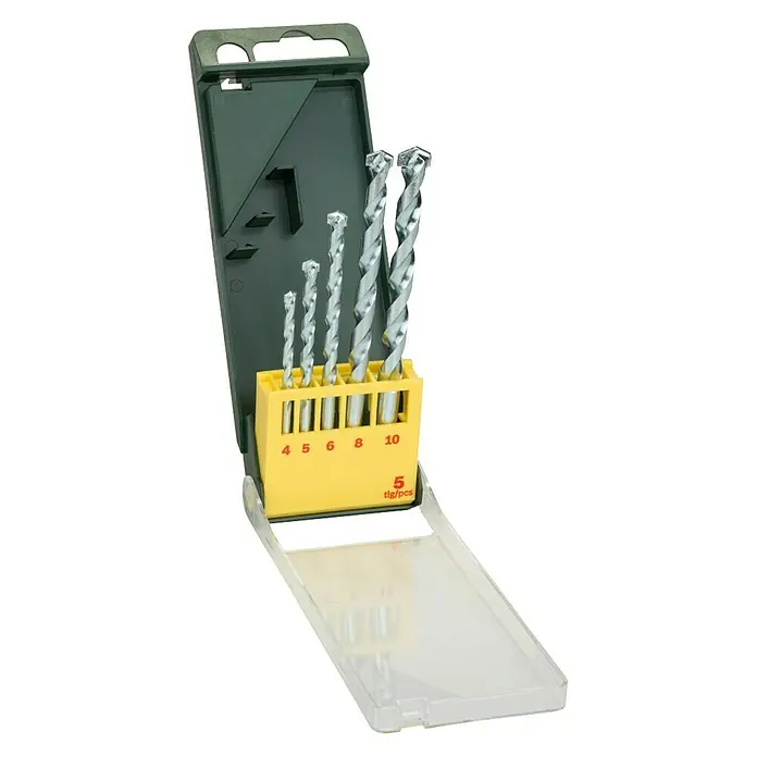 Bosch Beton- & Steinbohrer - Durchmesser Bohrer: 10 mm, 5 -tlg. - Ein Set mit fünf Steinbohrern in verschiedenen Größen in einer gelben Box mit einem olivgrünen Deckel und einer transparenten Abdeckung.