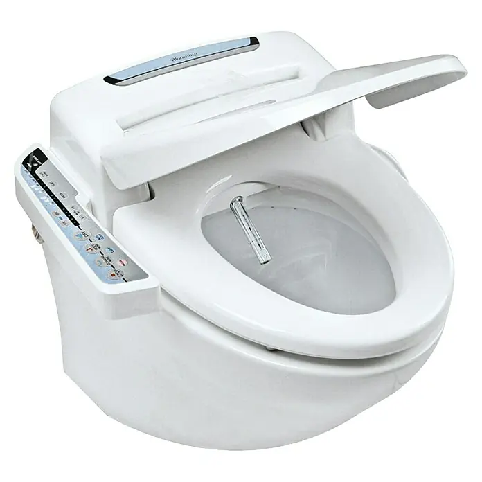 Dusch-WC-Sitz NB09D - Kunststoff, Weiß, Mit Absenkautomatik - Das Bild zeigt eine moderne Blooming Bidet-Toilette mit elektronischer Steuerung und geöffnetem Deckel. Das Bidet verspricht Hygiene und Komfort.