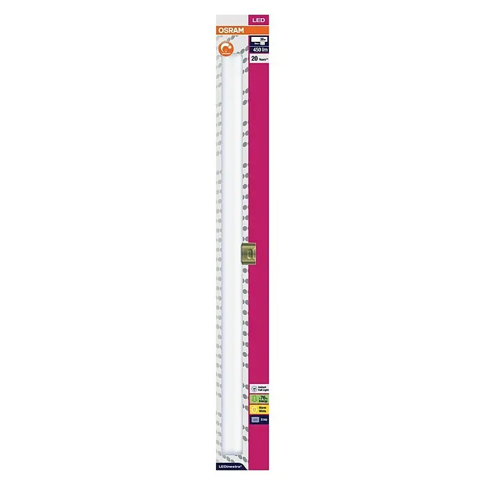 Osram Linienlampe LEDinestra - Länge: 500 mm, Warmweiß, 4,9 W, 470 lm, S14d - Abbildung einer OSRAM LEDinestra LED-Lampe in ihrer Verpackung. Sie ist warmweiß und verbraucht 76% weniger Energie als herkömmliche Glühbirnen.