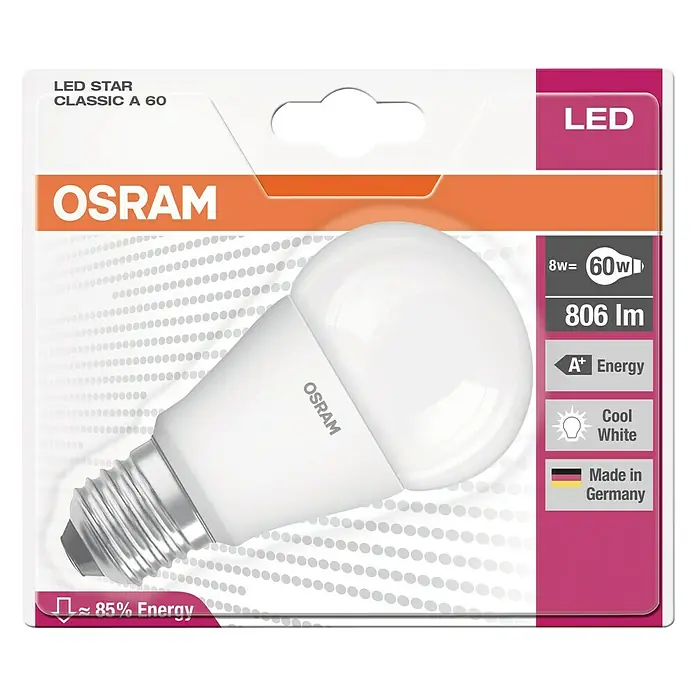 Osram LED-Lampe Glühlampenform E27 matt - E27, Nicht Dimmbar, Kaltweiß, 806 lm, 8 W - Verpackung einer Osram LED Star Classic A 60 Lampe, die energiesparend ist und ein helles, kühles weißes Licht erzeugt.