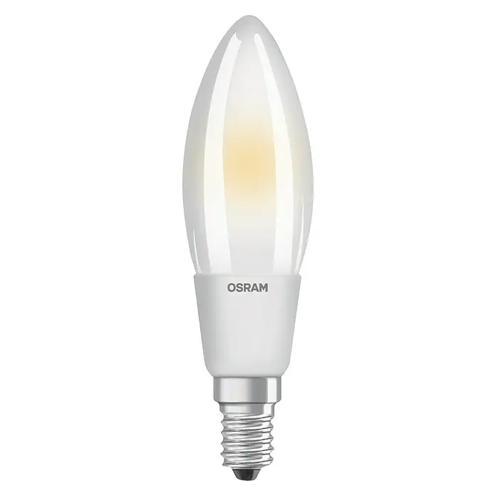 Osram LED-Lampe Kerzenform E14 matt - E14, Dimmbar, Warmweiß, 470 lm, 5 W, Matt - Nahaufnahme einer OSRAM LED-Lampe in Kerzenform, ideal für stimmungsvolle Beleuchtung im Haus. Energiesparend und langlebig.
