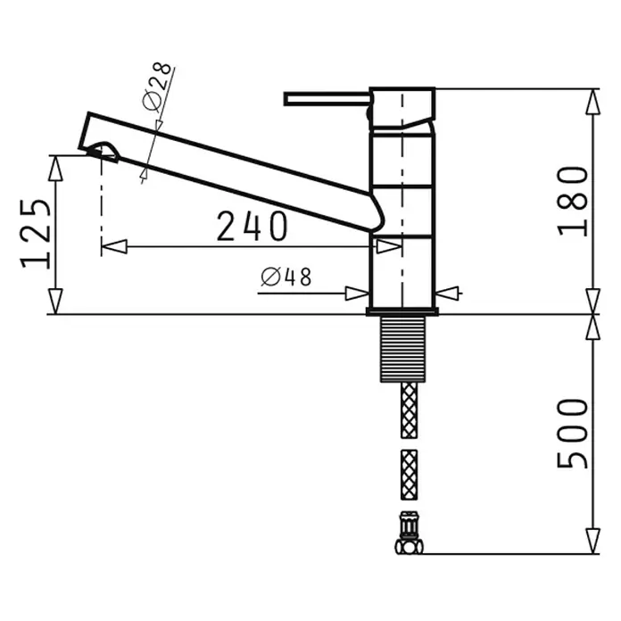 Pyramis Spültischarmatur Aria - Chrom, Glänzend - Technische Zeichnung einer Armatur mit Bemaßungen für Installation und Design.