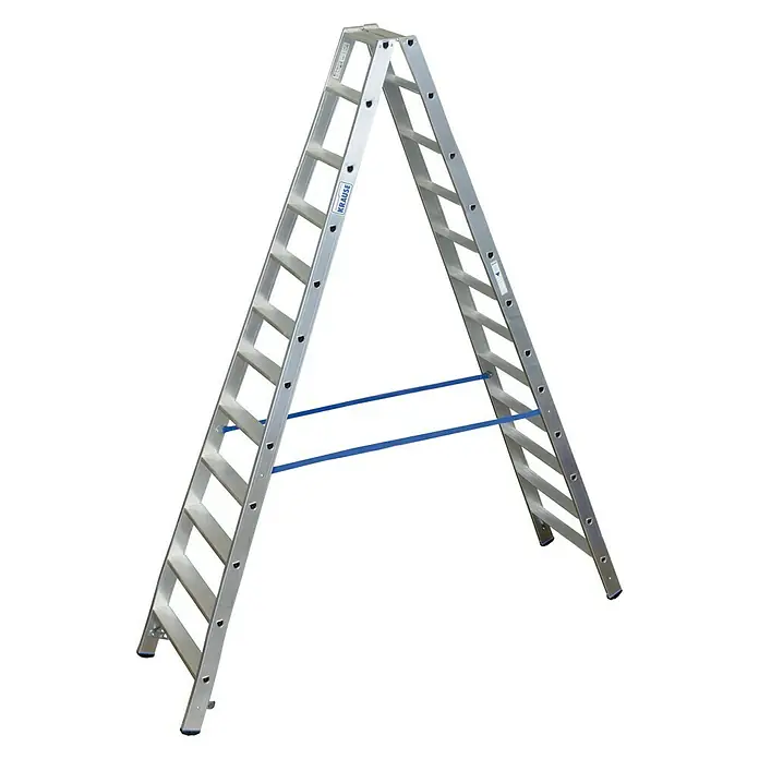 Krause Stabilo Doppelleiter - Anzahl Tritte: 24 Stk., Arbeitshöhe: 4,35 m, Aluminium - Bild einer freistehenden Aluminiumleiter der Marke Krause mit blauen Verstrebungen für Stabilität und Sicherheit.