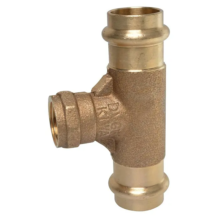 Press-RG-T-Stück - Durchmesser: 22 mm, Innengewinde: ½″, Presskontur: V - Messing T-Stück Verbinder für Rohrsysteme, ideal für Sanitär- und Heizungsinstallationen mit Pressverbindungen für einfache Montage.