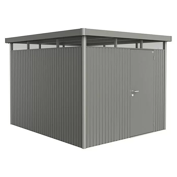 Biohort HighLine Gerätehaus HighLine H5 - Quarzgrau Metallic, Einzeltür, Außenbreite inkl. Dachüberstand: 275 cm, Außentiefe inkl. Dachüberstand: 315 cm, Stahl - Diagonale Ansicht