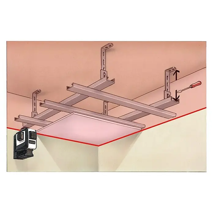 Laserliner Kreuzlinienlaser SuperPlane-Laser - Max. Arbeitsbereich: 15 m - Ein Deckenmontagesystem wird mit einem Laser ausgerichtet, um die Ausrichtung zu gewährleisten. Eine einfache und präzise Installation wird ermöglicht.