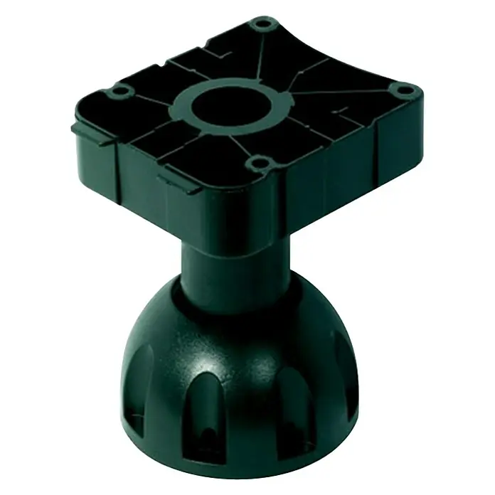 Stabilit Sockelverstellfuß - Höhe: 150 mm, Traglast: 150 kg - Schwarzer, verstellbarer Möbelfuß mit quadratischer Montageplatte und halbrunder Basis für flexible Höhenanpassung.