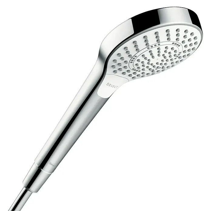 Hansgrohe Handbrause My Select S Multi - Anzahl Funktionen: 3 Stk., Durchmesser: 11 cm, Chrom - Detaillierte Ansicht eines Hansgrohe Select Handbrausekopfes mit Chromoberfläche und mehreren Strahlarten.