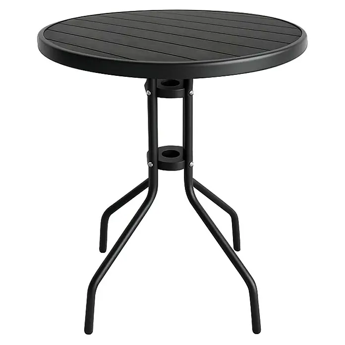 Westerholt Balkontisch rund - Ø x H: 60 x 71 cm, Stahl, Polymer, Schwarz - Schwarzer runder Terrassentisch mit Getränkehaltern und einem stabilen, modernen Metallgestell für den Außenbereich.