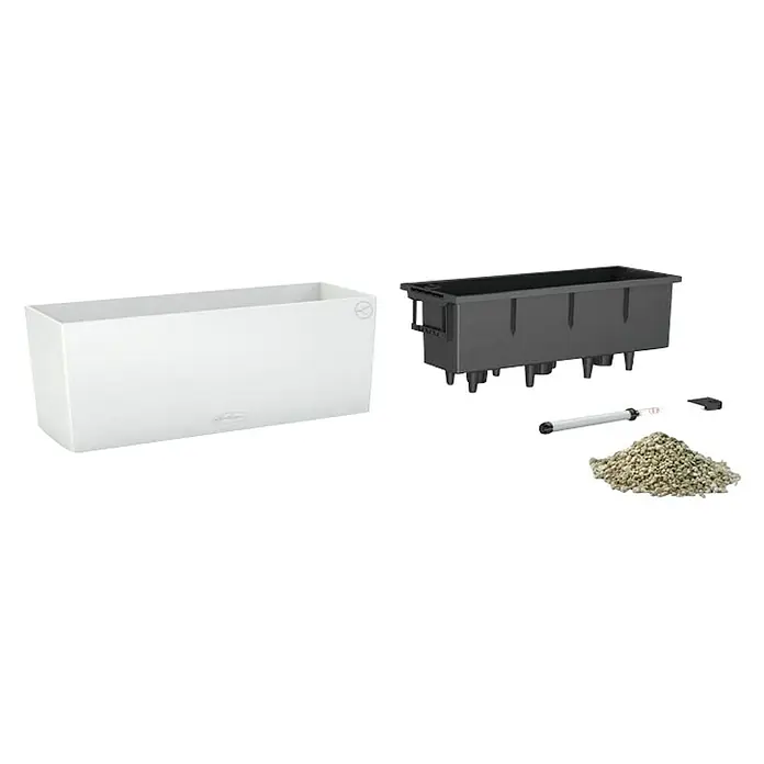 Lechuza Color Balkonkasten Balconera - Max. Außenlänge: 50 cm, Kunststoff, Weiß - Produktbild eines Lechuza Balconera Cottage 80 Pflanzkastens, der in Einzelteilen vor einem weißen Hintergrund präsentiert wird.