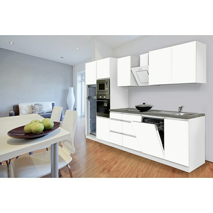 Respekta Premium Composición de cocina (Ancho: 345 cm, Con dispositivos eléctricos, Blanco mate)