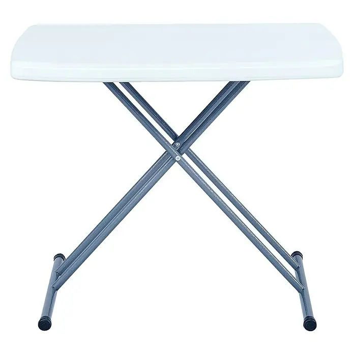 Westerholt Campingtisch Capri - L x B x H: 50 x 76 x 53,5 cm, Kunststoff, Weiß, Höhenverstellbar - Nahaufnahme eines Klapptisches mit weißer Tischplatte und grauem Metallgestell, ideal für flexible Nutzung.