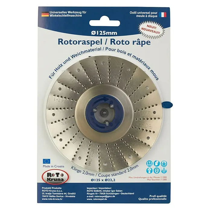 Roto Kruna Rotoraspel - 125 mm, Mittel - Das Bild zeigt eine Rotationsraspel von Roto Kruna mit einem Durchmesser von 125 mm für Holz und weiche Materialien.