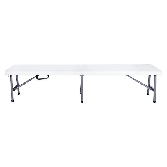 Westerholt Campingbank - 30 x 182 x 41 cm, Metall, Kunststoff, Weiß - Ein weißer Klapptisch mit grauem Metallgestell ist auf einem schwarzen Hintergrund abgebildet. Ideal für Veranstaltungen und Partys.