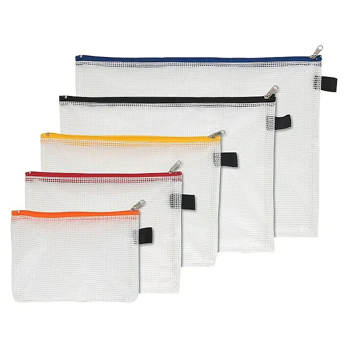Nips Aufbewahrungstasche - 5 Stk. - Eine Reihe von weißen Netztaschen mit verschiedenfarbigen Reißverschlüssen, ideal für die Organisation von Dokumenten und Zubehör.