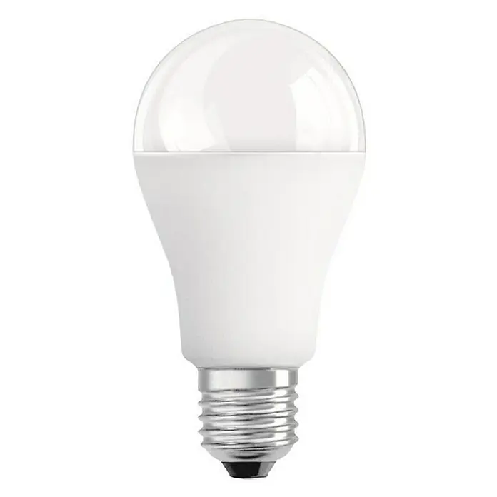 Voltolux LED-Lampe Glühlampenform E27 matt - E27, Nicht Dimmbar, Warmweiß, 1.055 lm, 11 W - Nahaufnahme einer weißen LED-Lampe mit Schraubsockel, ideal für energieeffiziente Beleuchtung und vielfältige Anwendungen.