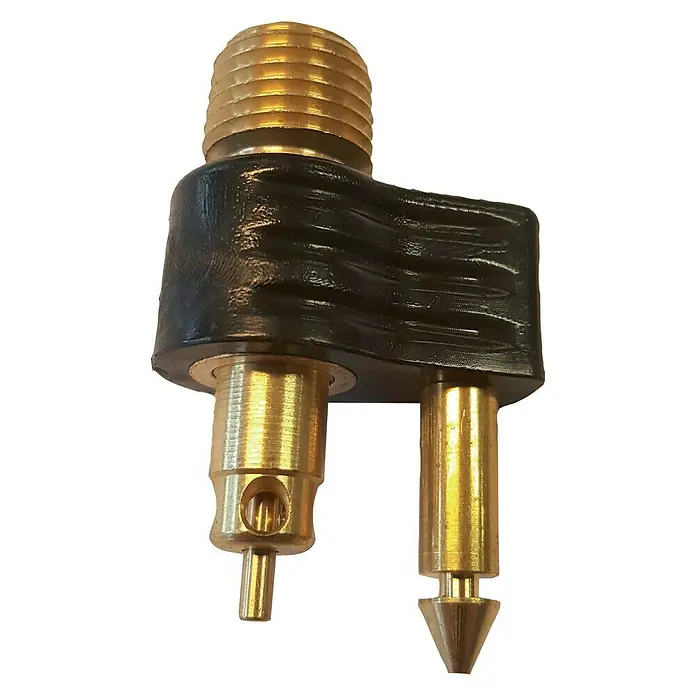 Talamex Adapter - Geeignet für: Tanks, ¼″, Passend für: Yamaha Motoren, Male - Ein goldener Kraftstoffanschluss mit einem schwarzen, gummierten Mittelteil, der ein essentielles Bauteil darstellt.