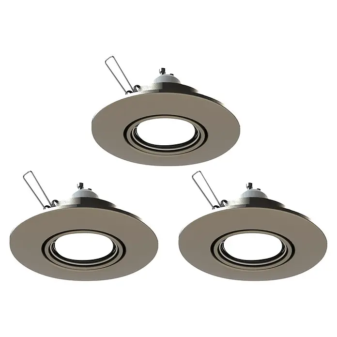 Tween Light Einbauleuchte - 50 W, GU10, Nickel matt, 108 mm - Drei Deckeneinbaustrahler mit runder, goldener Blende und Haltefedern für eine einfache Installation in Zwischendecken.