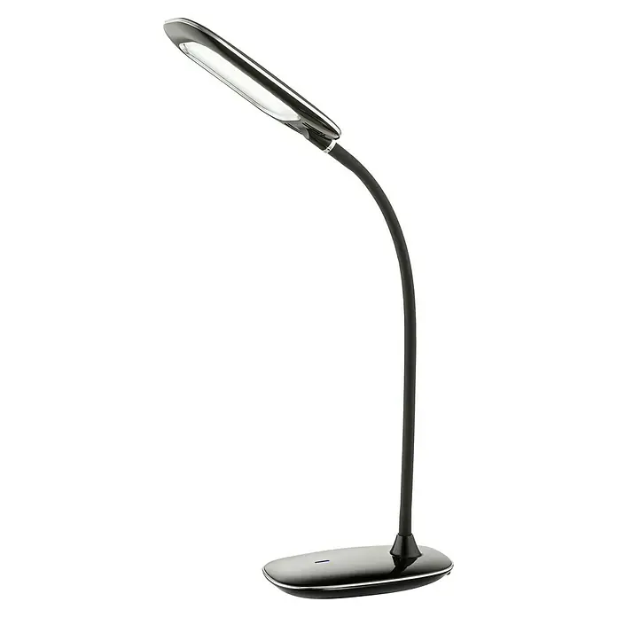 Globo LED-Tischleuchte Minea I - 5 W, L x B x H: 29 x 9,3 x 56 cm, Schwarz, Chrom, Transparent, Tageslichtweiß - Nahaufnahme einer eleganten, schwarzen LED-Schreibtischleuchte mit schlankem Design und hellem Licht. Ideal für Büro oder Zuhause.