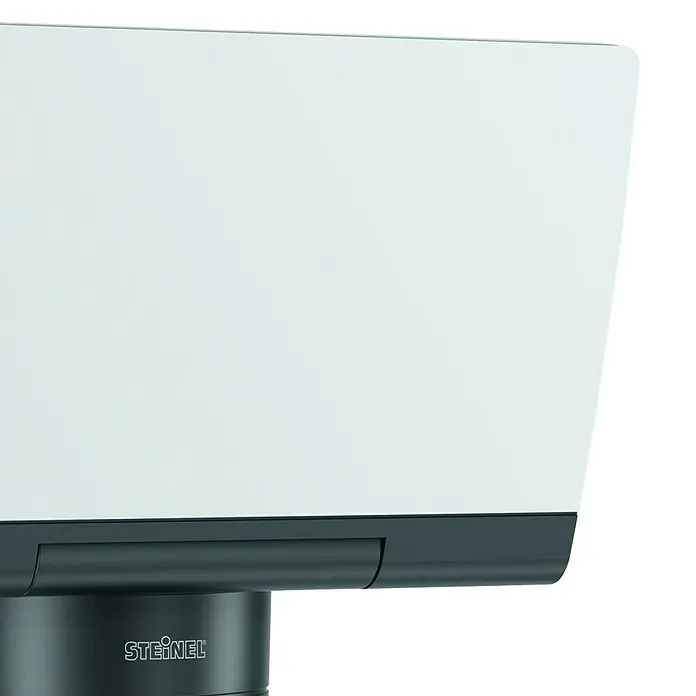 Steinel LED-Außenleuchte XLED home 2 graphit - Farbe Gehäuse: Graphit, IP44, 13,7 W - Nahaufnahme einer weißen Steinel-Leuchte mit einem grauen Sockel. Das Design ist minimalistisch und modern.